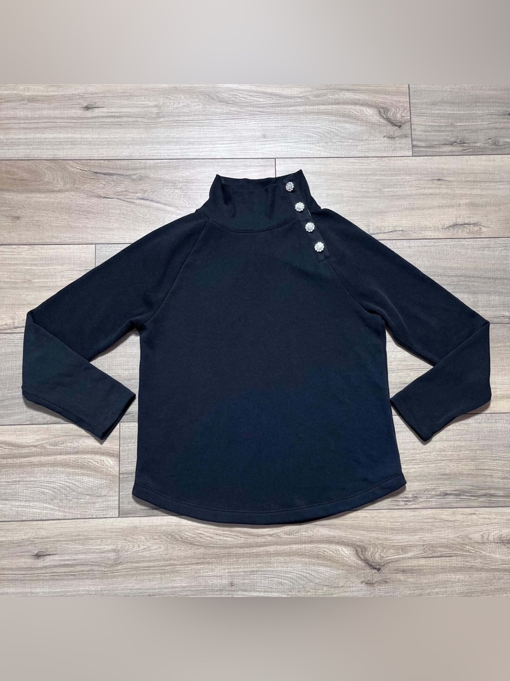 J.Crew Factory Womens Jewel-Button Mockneck Pullover Size S Black Loose Fit
